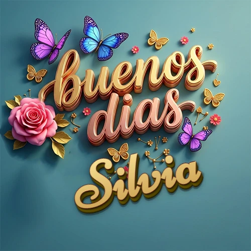 Fondo azul cielo con rosas rosadas y mariposas de colores, frase 'Buenos Días' en dorado 3D, nombre en dorado cursiva abajo. Nombre personalizado: Silvia.