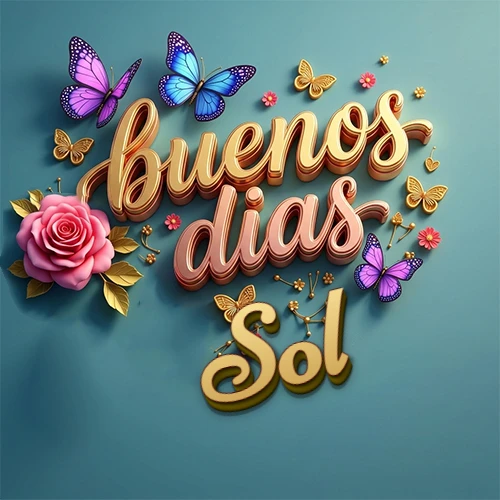 Fondo azul cielo con rosas rosadas y mariposas de colores, frase 'Buenos Días' en dorado 3D, nombre en dorado cursiva abajo. Nombre personalizado: Sol.