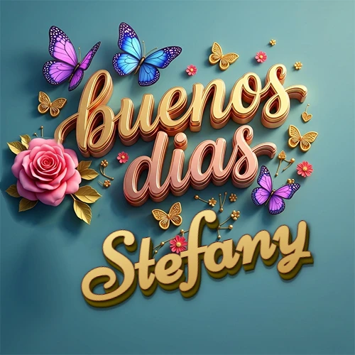 Fondo azul cielo con rosas rosadas y mariposas de colores, frase 'Buenos Días' en dorado 3D, nombre en dorado cursiva abajo. Nombre personalizado: Stefany.