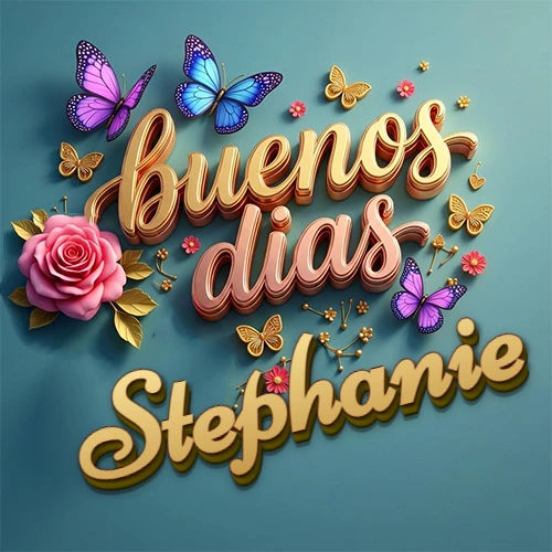 Fondo azul cielo con rosas rosadas y mariposas de colores, frase 'Buenos Días' en dorado 3D, nombre en dorado cursiva abajo. Nombre personalizado: Stephanie.