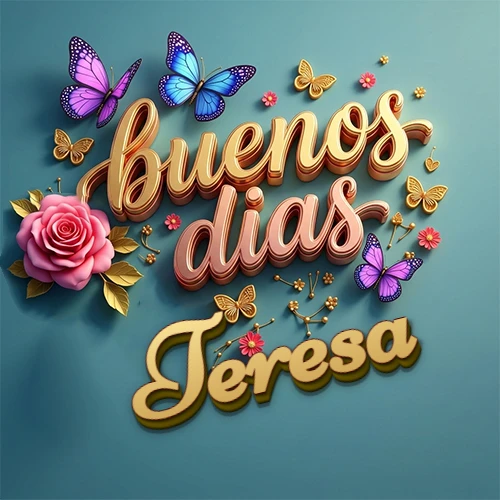 Fondo azul cielo con rosas rosadas y mariposas de colores, frase 'Buenos Días' en dorado 3D, nombre en dorado cursiva abajo. Nombre personalizado: Teresa.