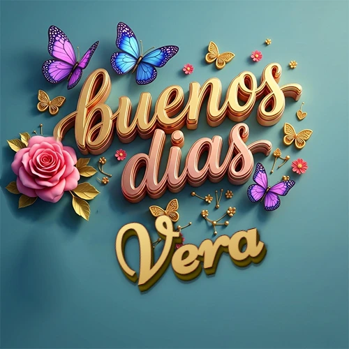 Fondo azul cielo con rosas rosadas y mariposas de colores, frase 'Buenos Días' en dorado 3D, nombre en dorado cursiva abajo. Nombre personalizado: Vera.