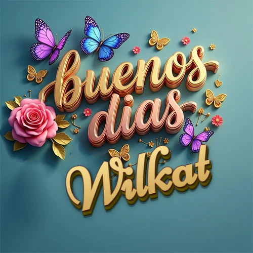 Fondo azul cielo con rosas rosadas y mariposas de colores, frase 'Buenos Días' en dorado 3D, nombre en dorado cursiva abajo. Nombre personalizado: Wilkat.