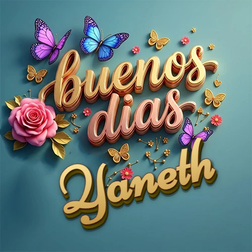 Fondo azul cielo con rosas rosadas y mariposas de colores, frase 'Buenos Días' en dorado 3D, nombre en dorado cursiva abajo. Nombre personalizado: Yaneth.
