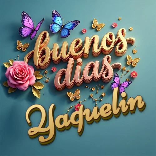 Fondo azul cielo con rosas rosadas y mariposas de colores, frase 'Buenos Días' en dorado 3D, nombre en dorado cursiva abajo. Nombre personalizado: Yaquelin.
