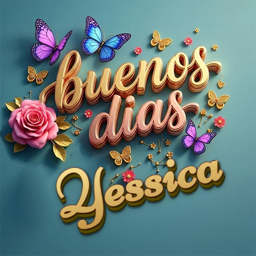 Fondo azul cielo con rosas rosadas y mariposas de colores, frase 'Buenos Días' en dorado 3D, nombre en dorado cursiva abajo. Nombre personalizado: Yessica.