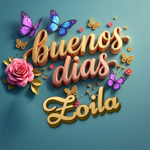 Fondo azul cielo con rosas rosadas y mariposas de colores, frase 'Buenos Días' en dorado 3D, nombre en dorado cursiva abajo. Nombre personalizado: Zoila.