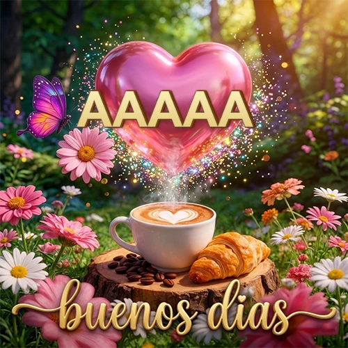 Jardín colorido con taza de café y croissant, corazón rosa brillante con el nombre dentro, frase de buenos días abajo. Nombre personalizado: AAAAA.