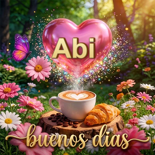Jardín colorido con taza de café y croissant, corazón rosa brillante con el nombre dentro, frase de buenos días abajo. Nombre personalizado: Abi.