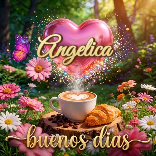 Jardín colorido con taza de café y croissant, corazón rosa brillante con el nombre dentro, frase de buenos días abajo. Nombre personalizado: Angelica.