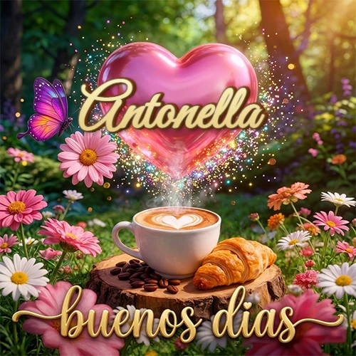 Jardín colorido con taza de café y croissant, corazón rosa brillante con el nombre dentro, frase de buenos días abajo. Nombre personalizado: Antonella.