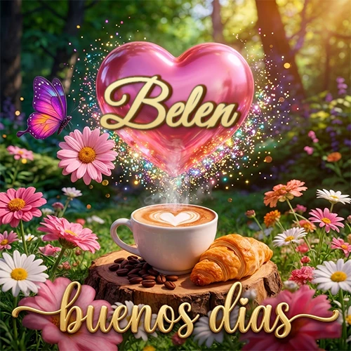 Jardín colorido con taza de café y croissant, corazón rosa brillante con el nombre dentro, frase de buenos días abajo. Nombre personalizado: Belen.