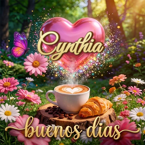 Jardín colorido con taza de café y croissant, corazón rosa brillante con el nombre dentro, frase de buenos días abajo. Nombre personalizado: Cynthia. Jardín colorido con taza de café y croissant, corazón rosa brillante con el nombre dentro, frase de buenos días abajo. Nombre personalizado: Cynthia.