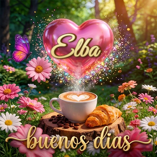 Jardín colorido con taza de café y croissant, corazón rosa brillante con el nombre dentro, frase de buenos días abajo. Nombre personalizado: Elba. Jardín colorido con taza de café y croissant, corazón rosa brillante con el nombre dentro, frase de buenos días abajo. Nombre personalizado: Elba.