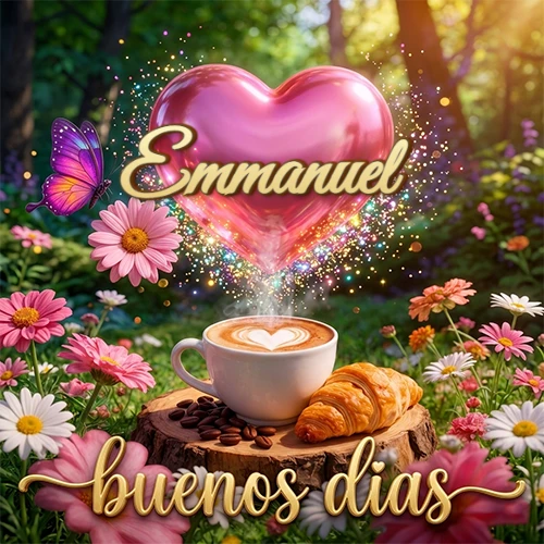 Jardín colorido con taza de café y croissant, corazón rosa brillante con el nombre dentro, frase de buenos días abajo. Nombre personalizado: Emmanuel. Jardín colorido con taza de café y croissant, corazón rosa brillante con el nombre dentro, frase de buenos días abajo. Nombre personalizado: Emmanuel.