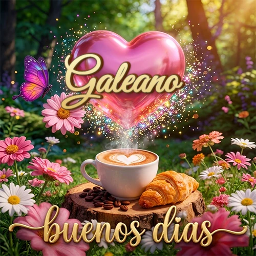 Jardín colorido con taza de café y croissant, corazón rosa brillante con el nombre dentro, frase de buenos días abajo. Nombre personalizado: Galeano.