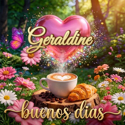 Jardín colorido con taza de café y croissant, corazón rosa brillante con el nombre dentro, frase de buenos días abajo. Nombre personalizado: Geraldine.