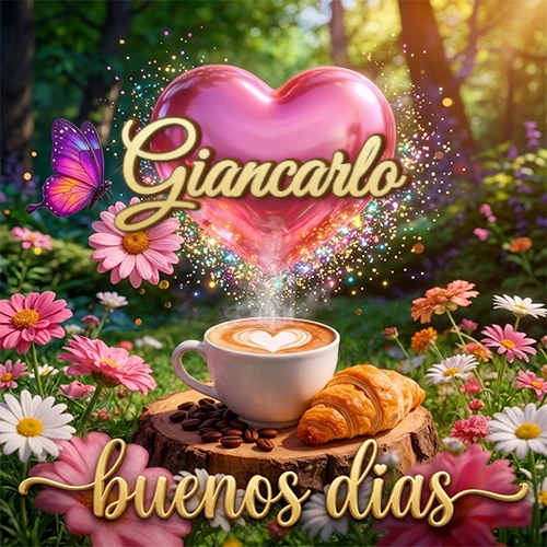 Jardín colorido con taza de café y croissant, corazón rosa brillante con el nombre dentro, frase de buenos días abajo. Nombre personalizado: Giancarlo.