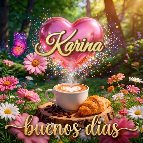 Jardín colorido con taza de café y croissant, corazón rosa brillante con el nombre dentro, frase de buenos días abajo. Nombre personalizado: Karina.