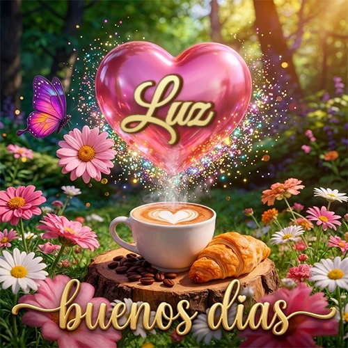 Jardín colorido con taza de café y croissant, corazón rosa brillante con el nombre dentro, frase de buenos días abajo. Nombre personalizado: Luz.