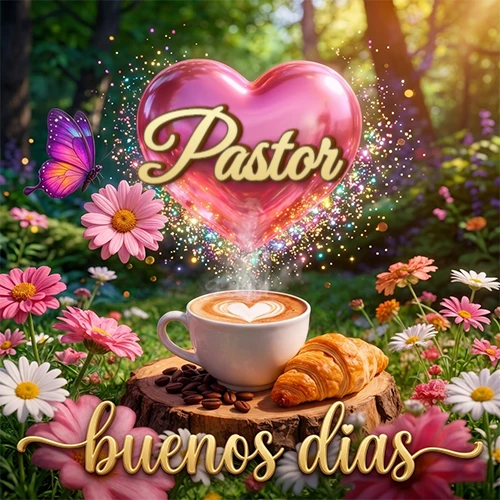 Jardín colorido con taza de café y croissant, corazón rosa brillante con el nombre dentro, frase de buenos días abajo. Nombre personalizado: Pastor.