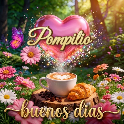 Jardín colorido con taza de café y croissant, corazón rosa brillante con el nombre dentro, frase de buenos días abajo. Nombre personalizado: Pompilio.