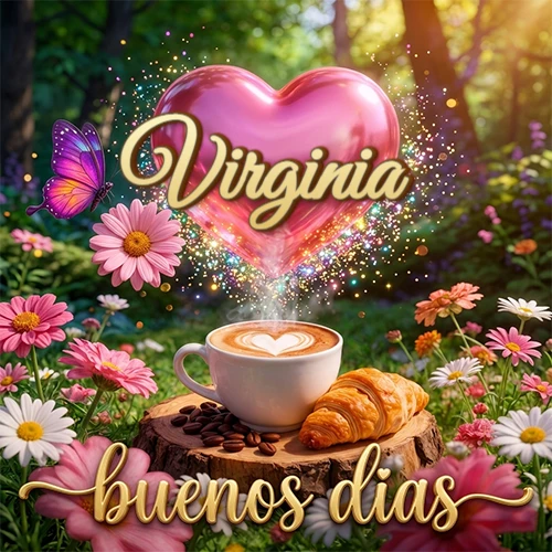 Jardín colorido con taza de café y croissant, corazón rosa brillante con el nombre dentro, frase de buenos días abajo. Nombre personalizado: Virginia. Jardín colorido con taza de café y croissant, corazón rosa brillante con el nombre dentro, frase de buenos días abajo. Nombre personalizado: Virginia.