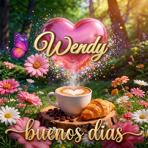 Jardín colorido con taza de café y croissant, corazón rosa brillante con el nombre dentro, frase de buenos días abajo. Nombre personalizado: Wendy.