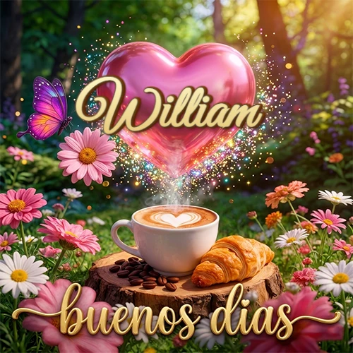 Jardín colorido con taza de café y croissant, corazón rosa brillante con el nombre dentro, frase de buenos días abajo. Nombre personalizado: William.
