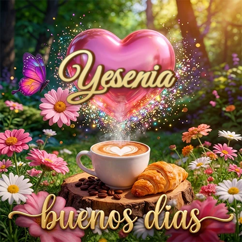Jardín colorido con taza de café y croissant, corazón rosa brillante con el nombre dentro, frase de buenos días abajo. Nombre personalizado: Yesenia.
