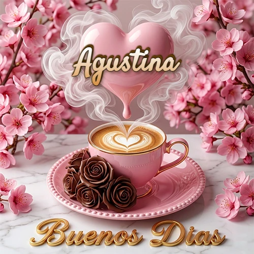 Taza de café rosa rodeada de flores de cerezo, vapor forma un corazón rosa con el nombre en el centro, frase dorada abajo. Nombre personalizado: Agustina.