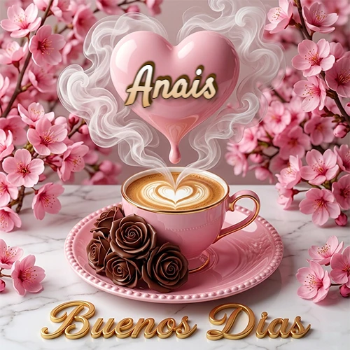 Taza de café rosa rodeada de flores de cerezo, vapor forma un corazón rosa con el nombre en el centro, frase dorada abajo. Nombre personalizado: Anais.
