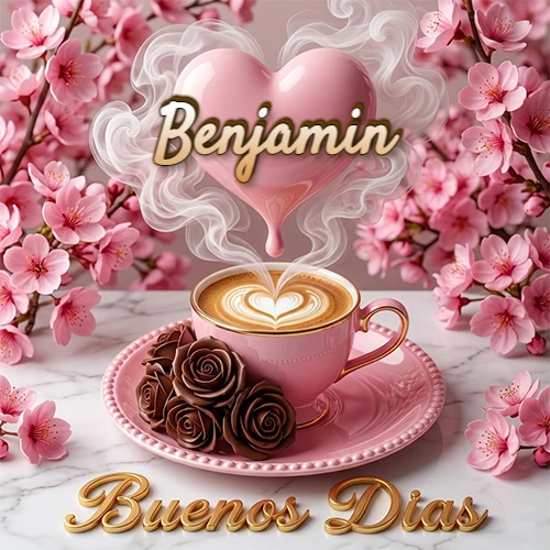 Taza de café rosa rodeada de flores de cerezo, vapor forma un corazón rosa con el nombre en el centro, frase dorada abajo. Nombre personalizado: Benjamin.