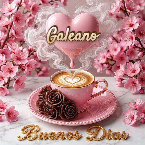 Taza de café rosa rodeada de flores de cerezo, vapor forma un corazón rosa con el nombre en el centro, frase dorada abajo. Nombre personalizado: Galeano.