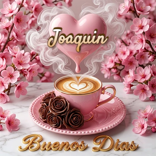 Taza de café rosa rodeada de flores de cerezo, vapor forma un corazón rosa con el nombre en el centro, frase dorada abajo. Nombre personalizado: Joaquin.