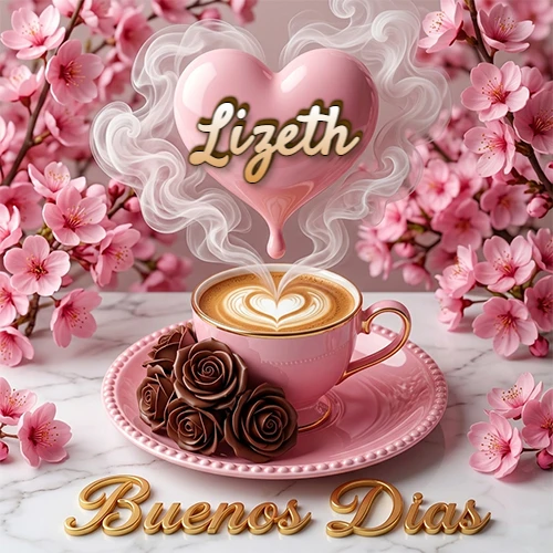 Taza de café rosa rodeada de flores de cerezo, vapor forma un corazón rosa con el nombre en el centro, frase dorada abajo. Nombre personalizado: Lizeth.