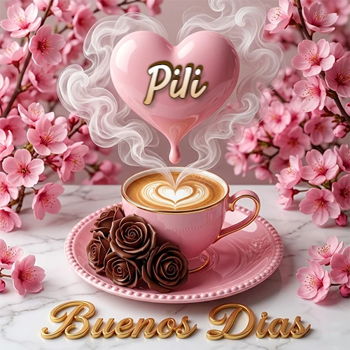 Taza de café rosa rodeada de flores de cerezo, vapor forma un corazón rosa con el nombre en el centro, frase dorada abajo. Nombre personalizado: Pili.