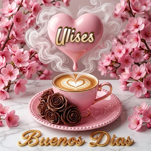 Taza de café rosa rodeada de flores de cerezo, vapor forma un corazón rosa con el nombre en el centro, frase dorada abajo. Nombre personalizado: Ulises.