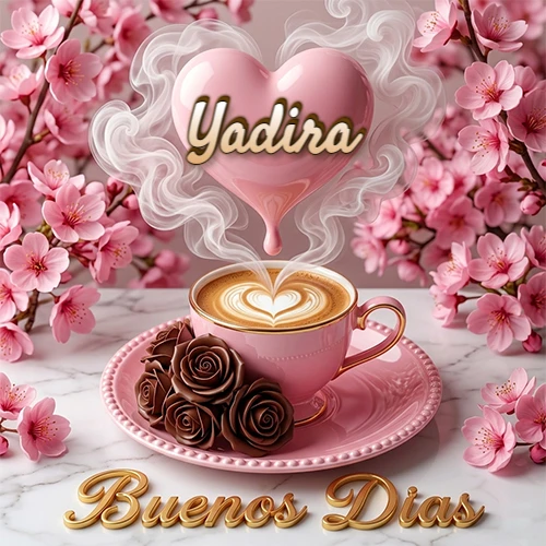 Taza de café rosa rodeada de flores de cerezo, vapor forma un corazón rosa con el nombre en el centro, frase dorada abajo. Nombre personalizado: Yadira.