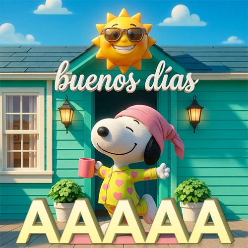 Escena de Snoopy en pijama con taza de café frente a casa turquesa, sol brillante con gafas, nombre abajo en tono crema. Nombre personalizado: AAAAA.