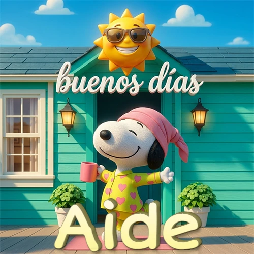 Escena de Snoopy en pijama con taza de café frente a casa turquesa, sol brillante con gafas, nombre abajo en tono crema. Nombre personalizado: Aide.