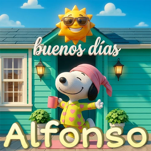 Escena de Snoopy en pijama con taza de café frente a casa turquesa, sol brillante con gafas, nombre abajo en tono crema. Nombre personalizado: Alfonso.