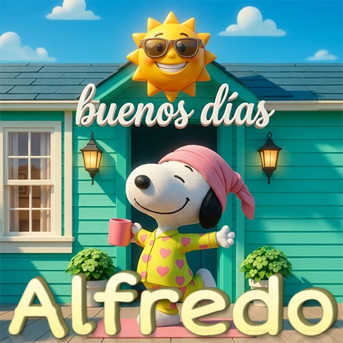 Escena de Snoopy en pijama con taza de café frente a casa turquesa, sol brillante con gafas, nombre abajo en tono crema. Nombre personalizado: Alfredo.