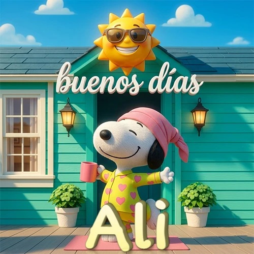 Escena de Snoopy en pijama con taza de café frente a casa turquesa, sol brillante con gafas, nombre abajo en tono crema. Nombre personalizado: Ali.