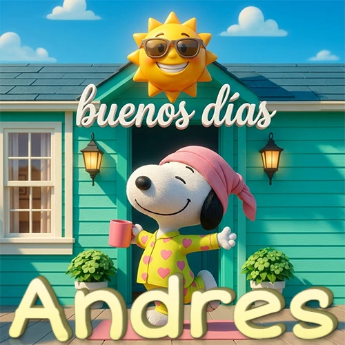 Escena de Snoopy en pijama con taza de café frente a casa turquesa, sol brillante con gafas, nombre abajo en tono crema. Nombre personalizado: Andres.