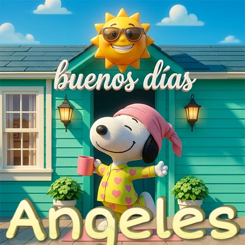 Escena de Snoopy en pijama con taza de café frente a casa turquesa, sol brillante con gafas, nombre abajo en tono crema. Nombre personalizado: Angeles.