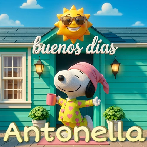 Escena de Snoopy en pijama con taza de café frente a casa turquesa, sol brillante con gafas, nombre abajo en tono crema. Nombre personalizado: Antonella.