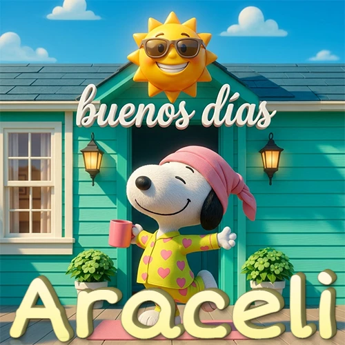 Escena de Snoopy en pijama con taza de café frente a casa turquesa, sol brillante con gafas, nombre abajo en tono crema. Nombre personalizado: Araceli.