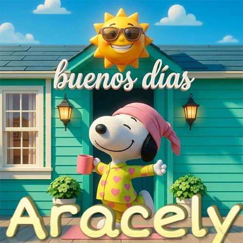 Escena de Snoopy en pijama con taza de café frente a casa turquesa, sol brillante con gafas, nombre abajo en tono crema. Nombre personalizado: Aracely.