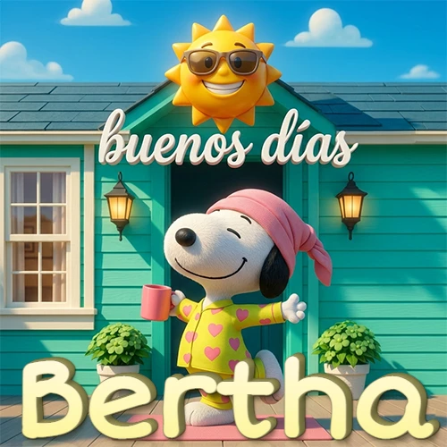 Escena de Snoopy en pijama con taza de café frente a casa turquesa, sol brillante con gafas, nombre abajo en tono crema. Nombre personalizado: Bertha.